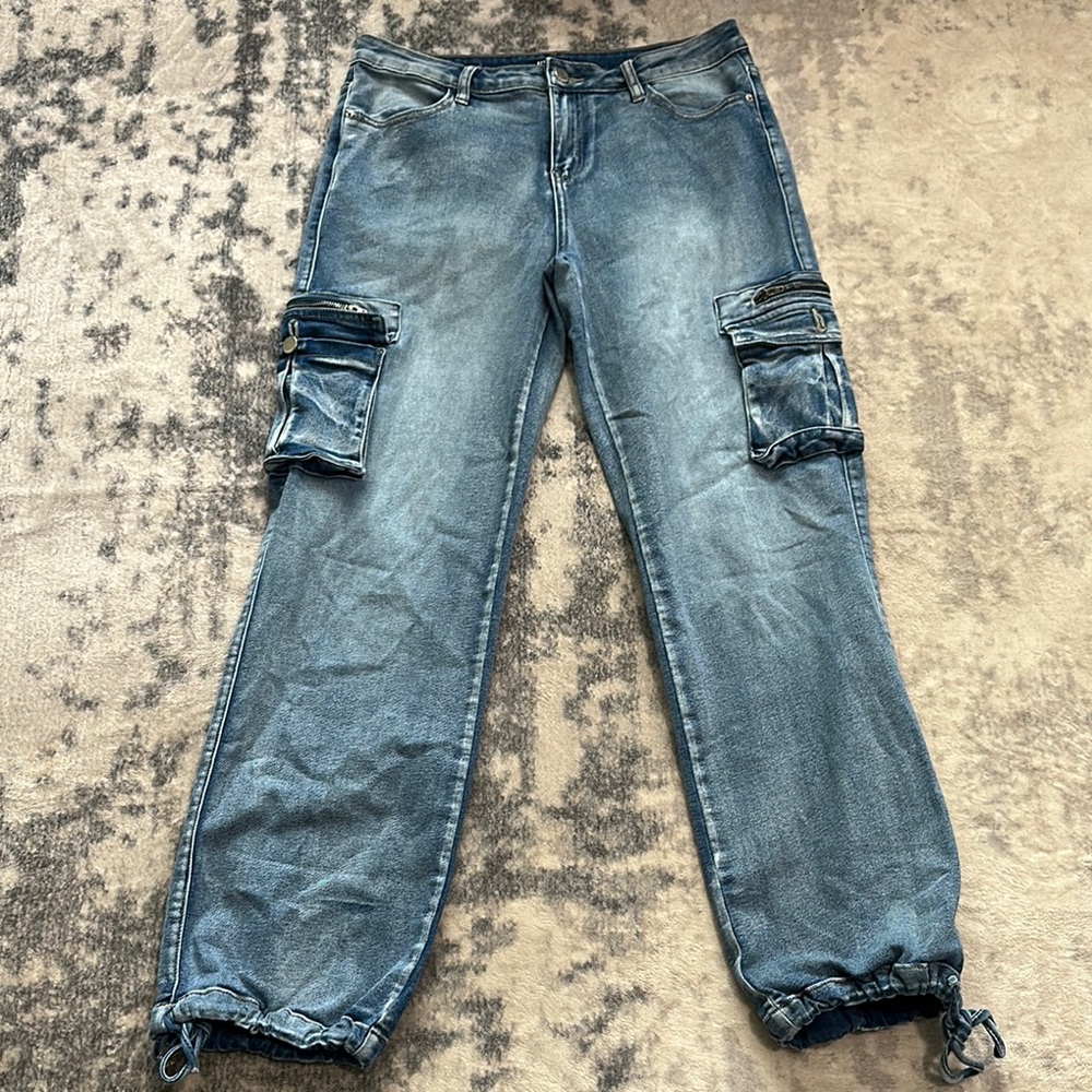 Blue Cargo Jeans with Drawstring Hem